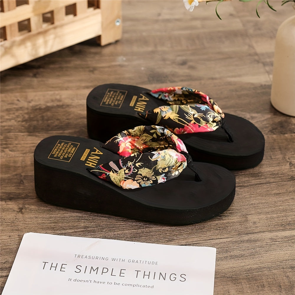 Floral Print Wedge Flip Flops Platform Slide Sandals