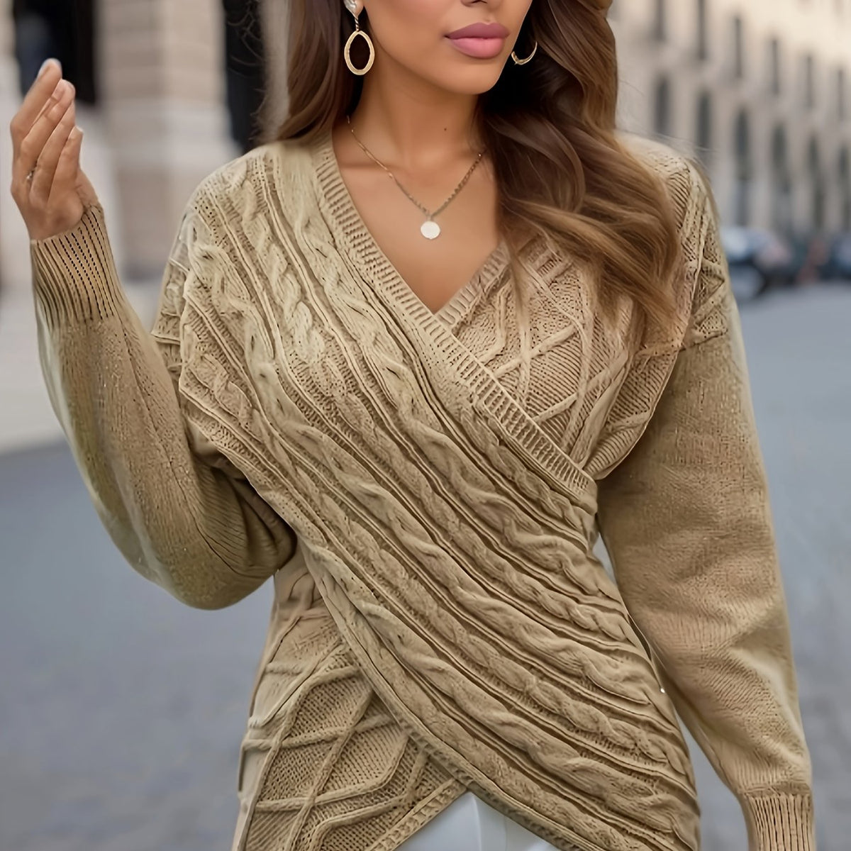Boho Surplice Neck Sweater Long Sleeve Drop Shoulder