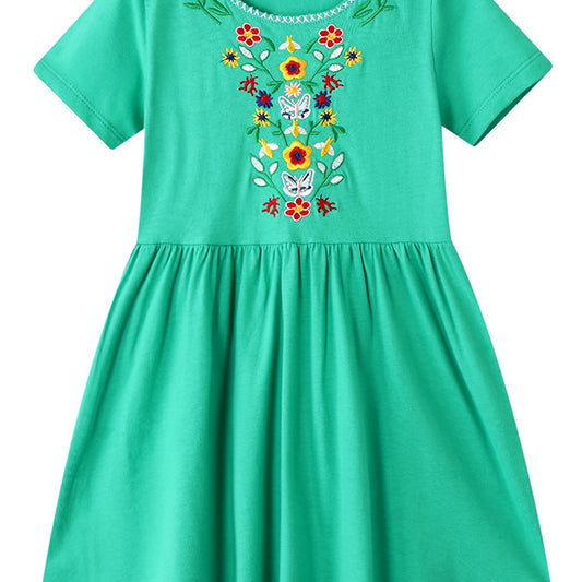 Girls Short Sleeves Embroidery Dress Kids Summer Clothes