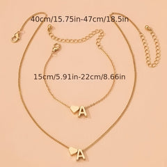 26 Letters Pendant Necklace & Chain Bracelet Set for Women & Girls