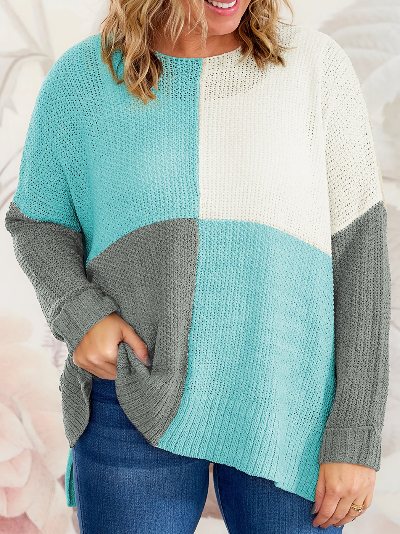  Colorblock Round Neck Pullover Sweater