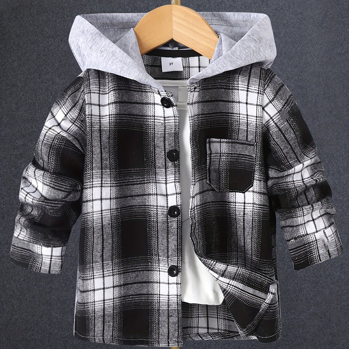 Boys Plaid Hooded Jacket Long Sleeve Button Down Outwear
