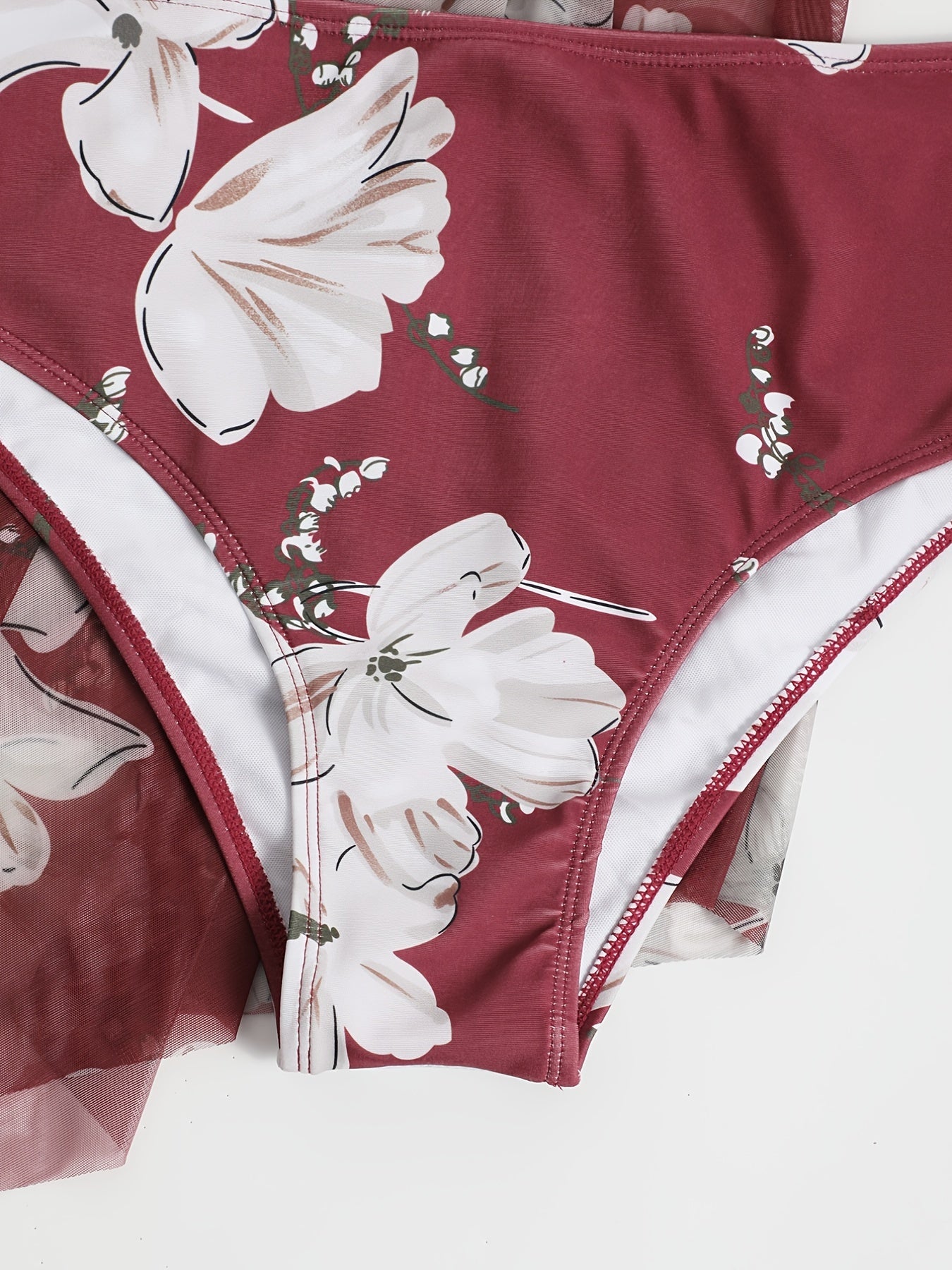 Floral Print Mesh Bikini Set Women's Plus High Stretch Swimsuit