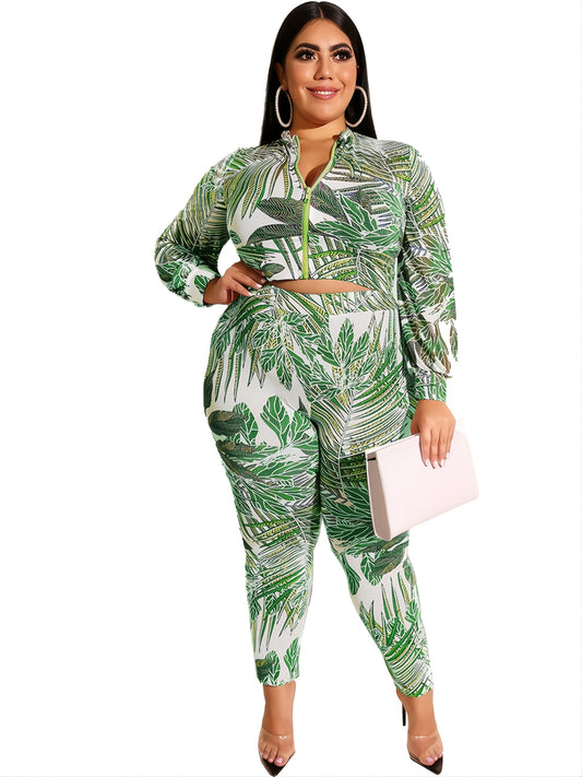 Tropical Print Zipper Front Jacket & Legging Set