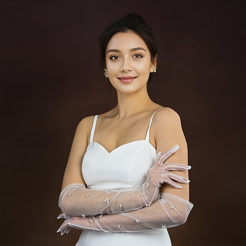 Classic Beaded Bridal Gloves with Arm Coverage