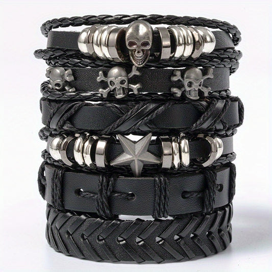 Vintage Punk Style Multilayer Skull Decor Leather Bracelet Set