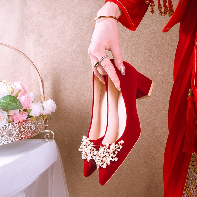 Pearl High Heels Block Heeled Pointed Toe Wedding Shoes