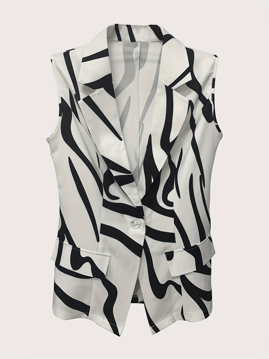 Graphic Print Lapel Belted Blazer Sleeveless Casual Blazer