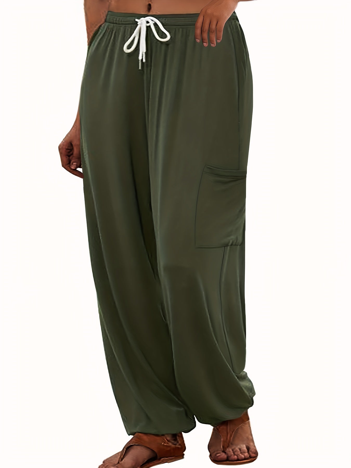  Casual Pants Solid Elastic Drawstring Medium Stretch Pants