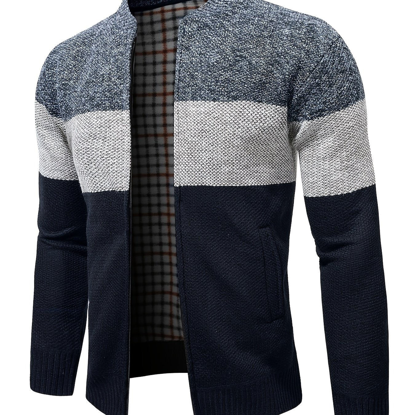 Men's Full Zip Cardigan Sweater Cable Knit Stand Collar Thick Jacket