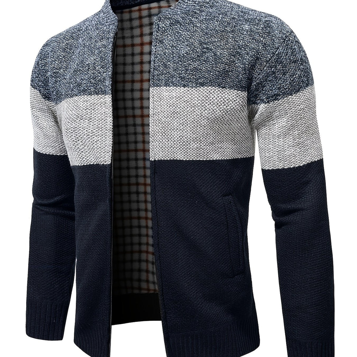 Men's Full Zip Cardigan Sweater Cable Knit Stand Collar Thick Jacket