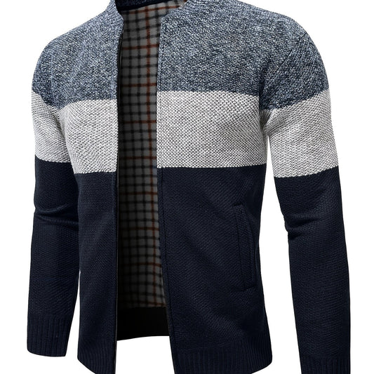 Men's Full Zip Cardigan Sweater Cable Knit Stand Collar Thick Jacket