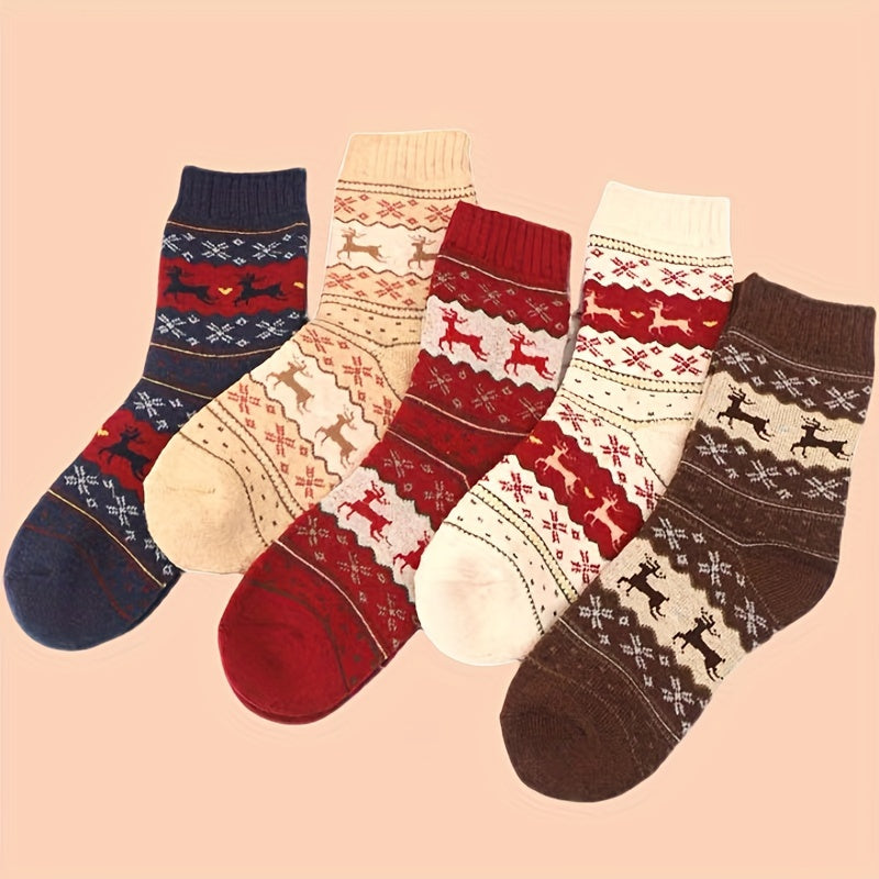 Christmas Elk Print Socks 5 Pairs Comfy & Mid Tube Women's Stockings
