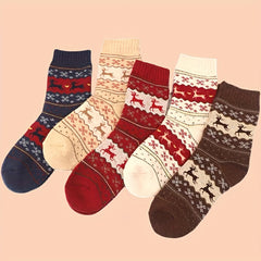 Christmas Elk Print Socks 5 Pairs Comfy & Mid Tube Women's Stockings