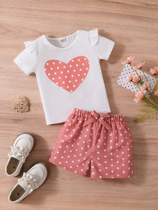 2pcs Toddler Girls Heart Graphic Ruffle Trim T Shirt Top & Shorts Set