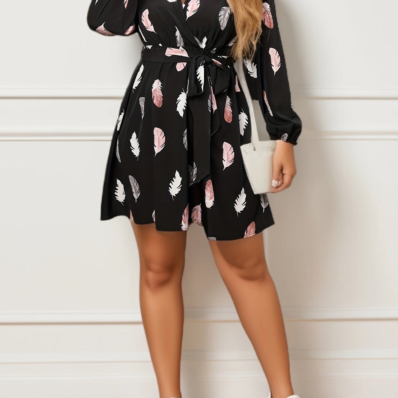 Feather Print Lantern Sleeve Mini Dress With Belt