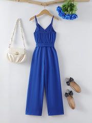 Girls Ruffle V-neck Summer Jumpsuit with Belt