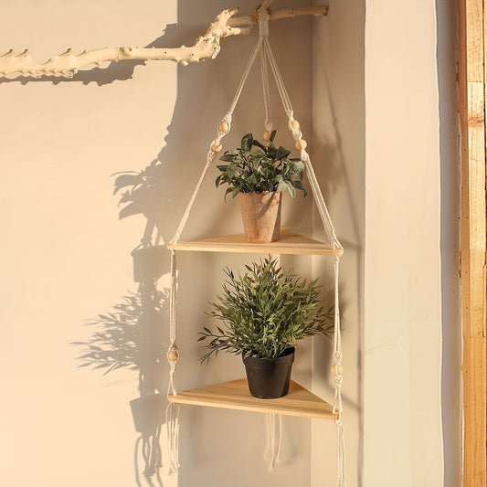 Triangular Wooden Shelf Wall Hanging with Bohemian Beads and Cotton Rope