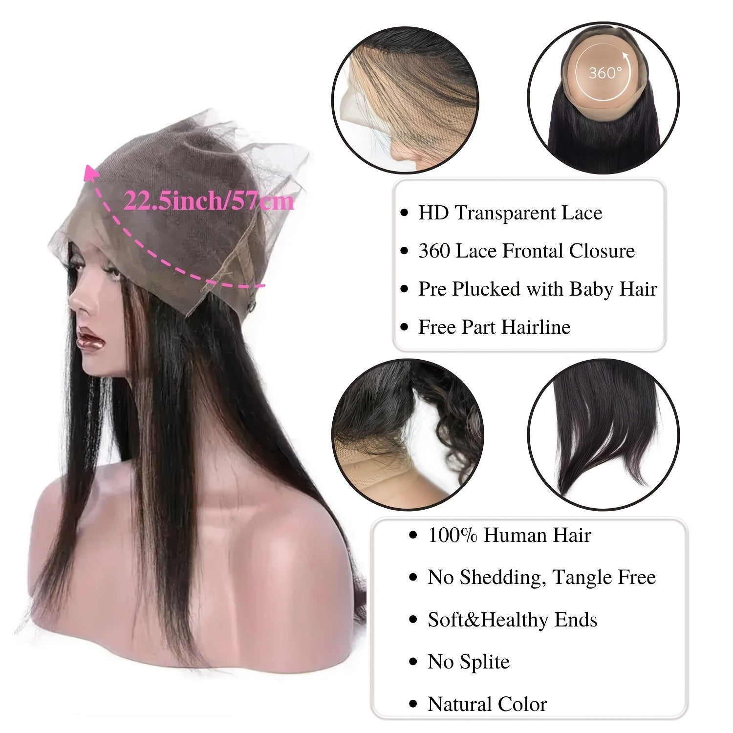 360 Lace Frontal Closure Straight Human Hair HD Transparent Lace