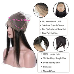 360 Lace Frontal Closure Straight Human Hair HD Transparent Lace
