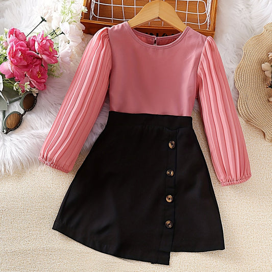 Girl's Pleated Top & Skirt Set Casual Outfits for Spring
