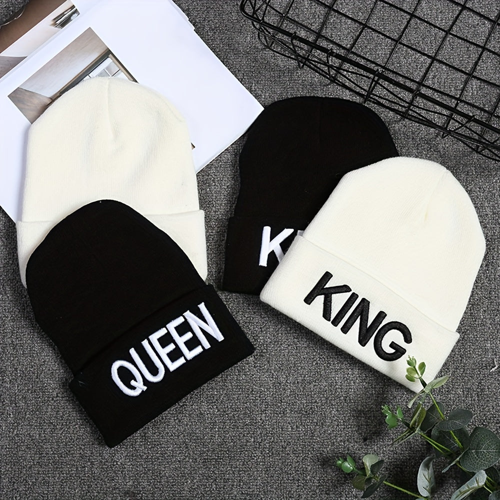 KING QUEEN Embroidery Beanie Solid Couple Knit Hat Elastic Skull Cap