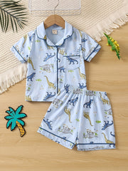 2pcs Boys Dinosaur Print Short Sleeve Pajama Set for Summer