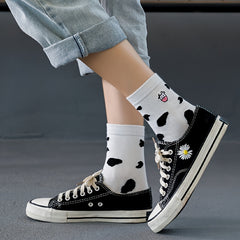5 Pairs Cartoon Cow Print Socks Women's Comfy Mid Tube Stockings