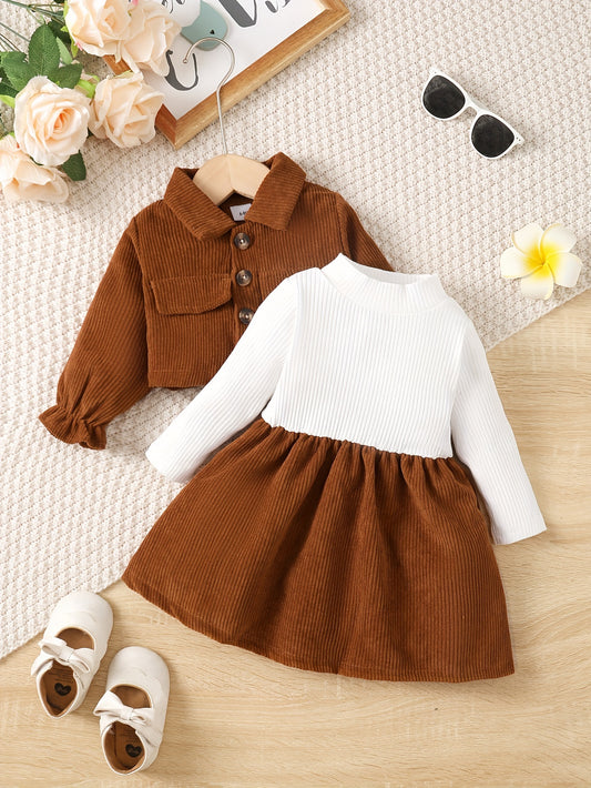 Baby Girls Corduroy Coat & Dress Set Fall Winter Outwear 2pcs