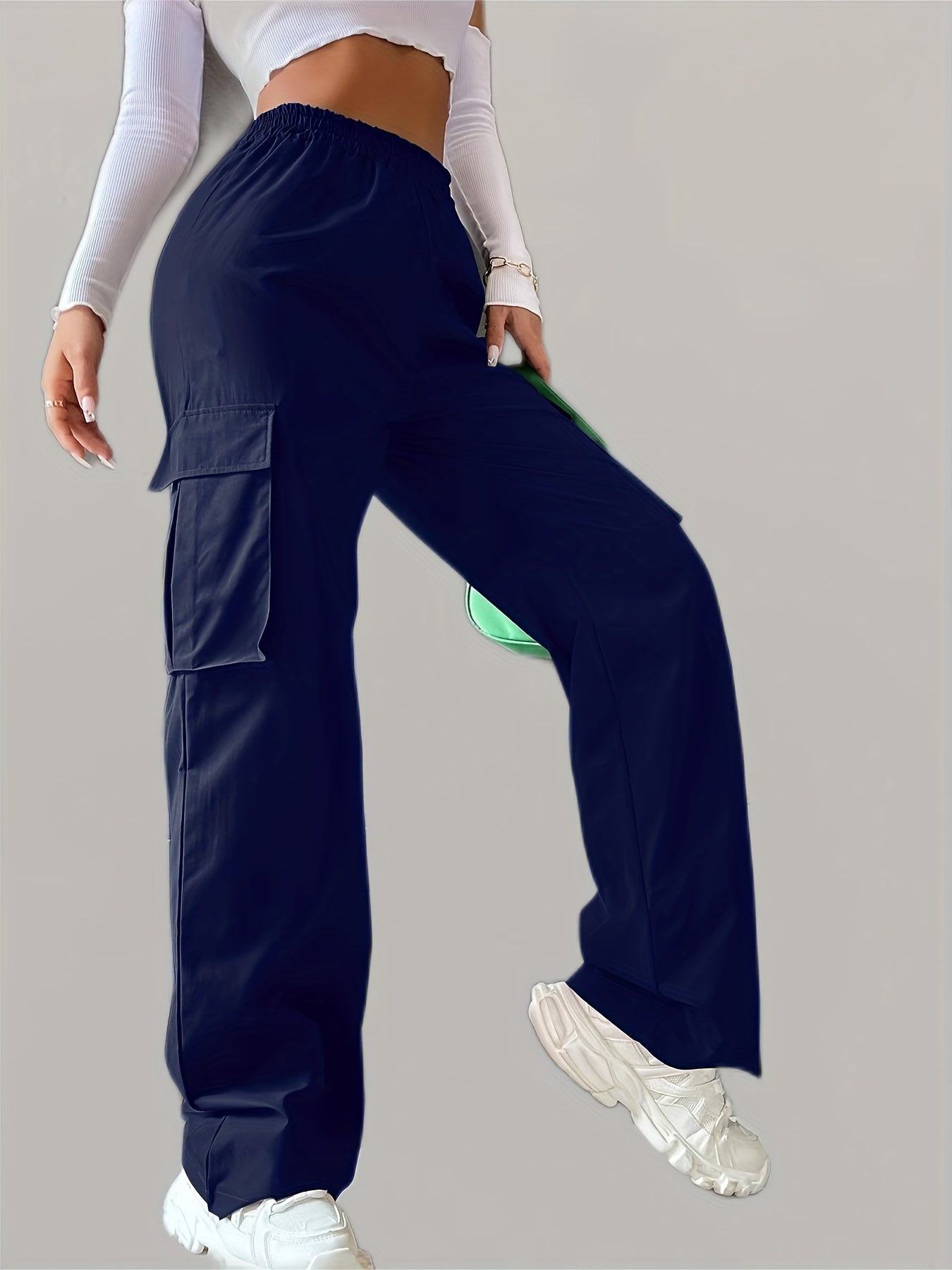Elastic Waist Wide Leg Cargo Pants w/ Pockets