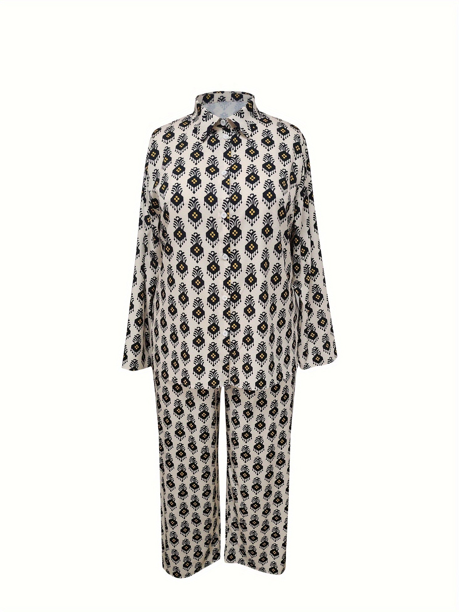  Allover Print Long Sleeve Shirt & Loose Pants Set