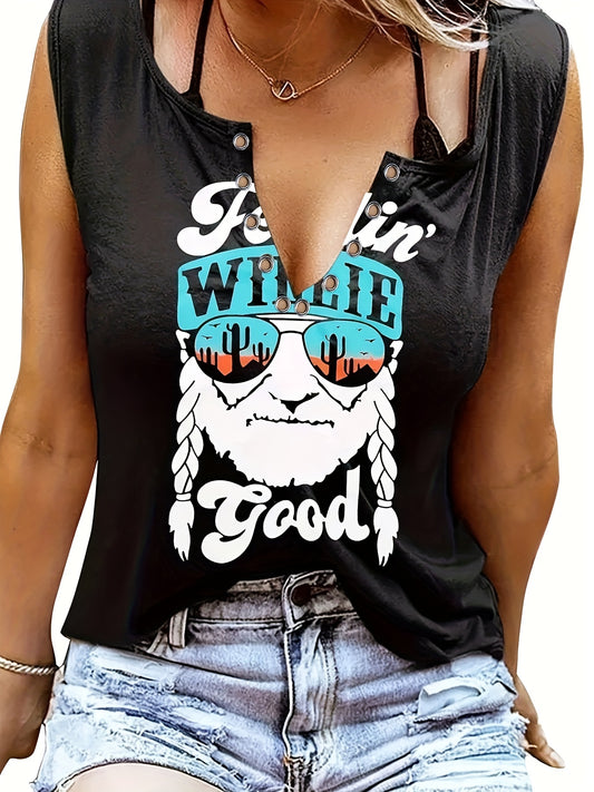 Figure Print V Neck Tank Top for Summer