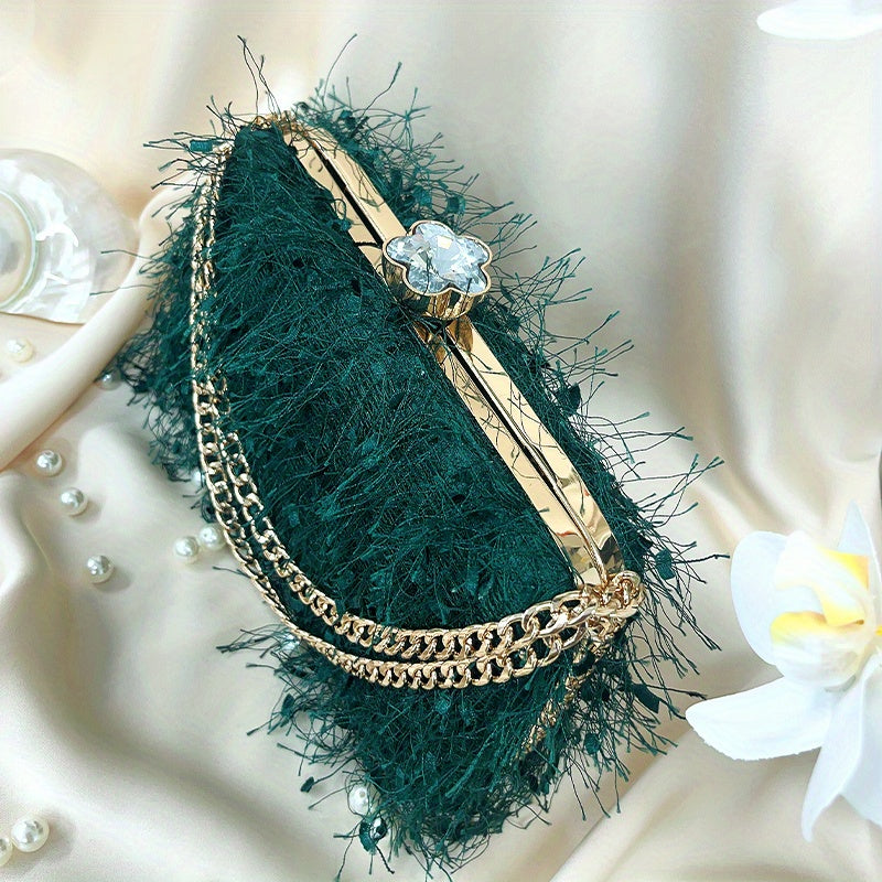 Feather Evening Bag Chain Clutch Clip Purse Women's Handbags