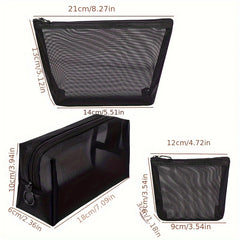 3pcs Nylon Mesh Makeup Bags Portable Cosmetic Organizer for Travel