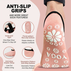 3 Pairs Criss Cross Yoga Socks w/ Flower Pattern Bottom Non Slip Pilates Dance