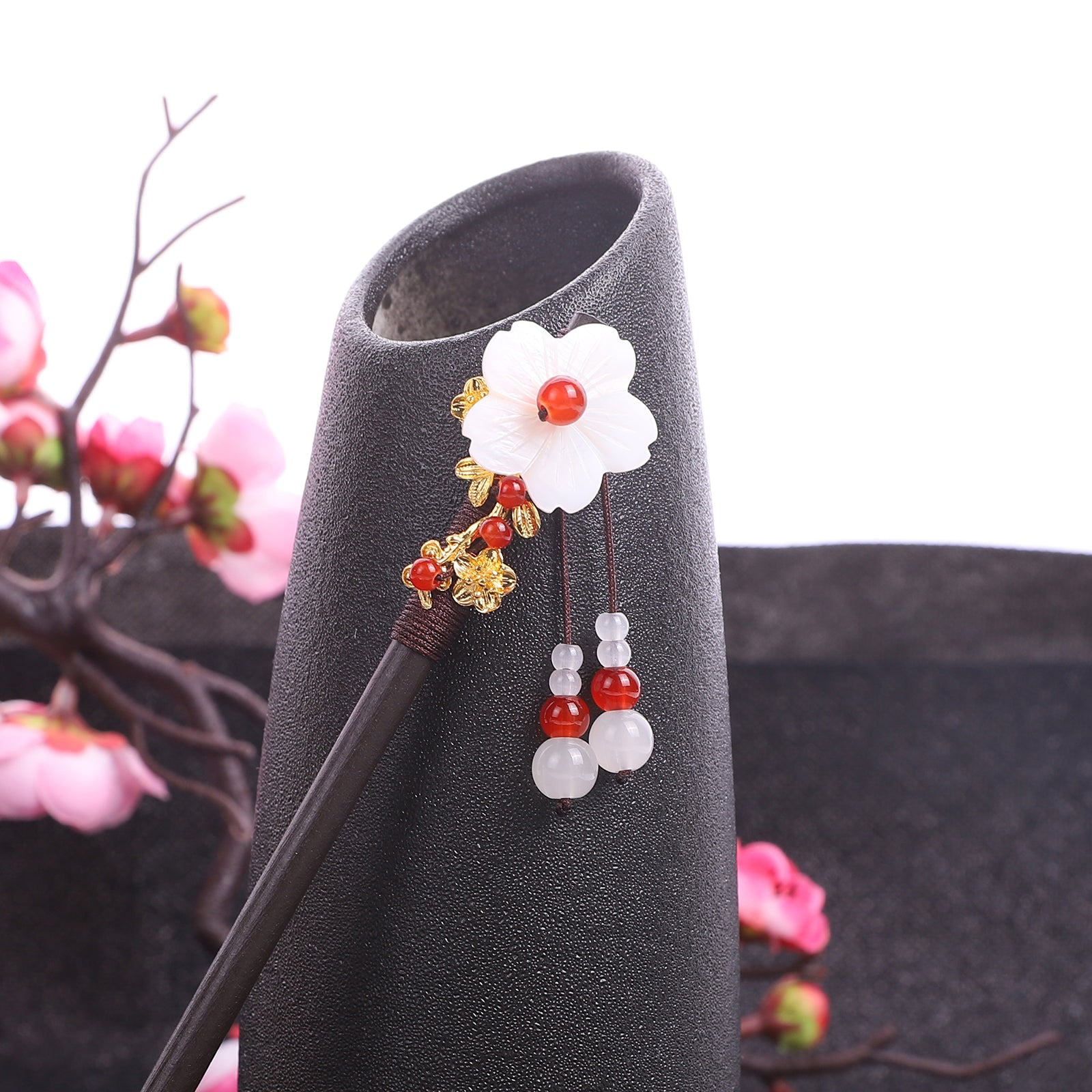 Vintage Red Flower Beaded Wooden Hairpin Women's Hair Fork Accessories