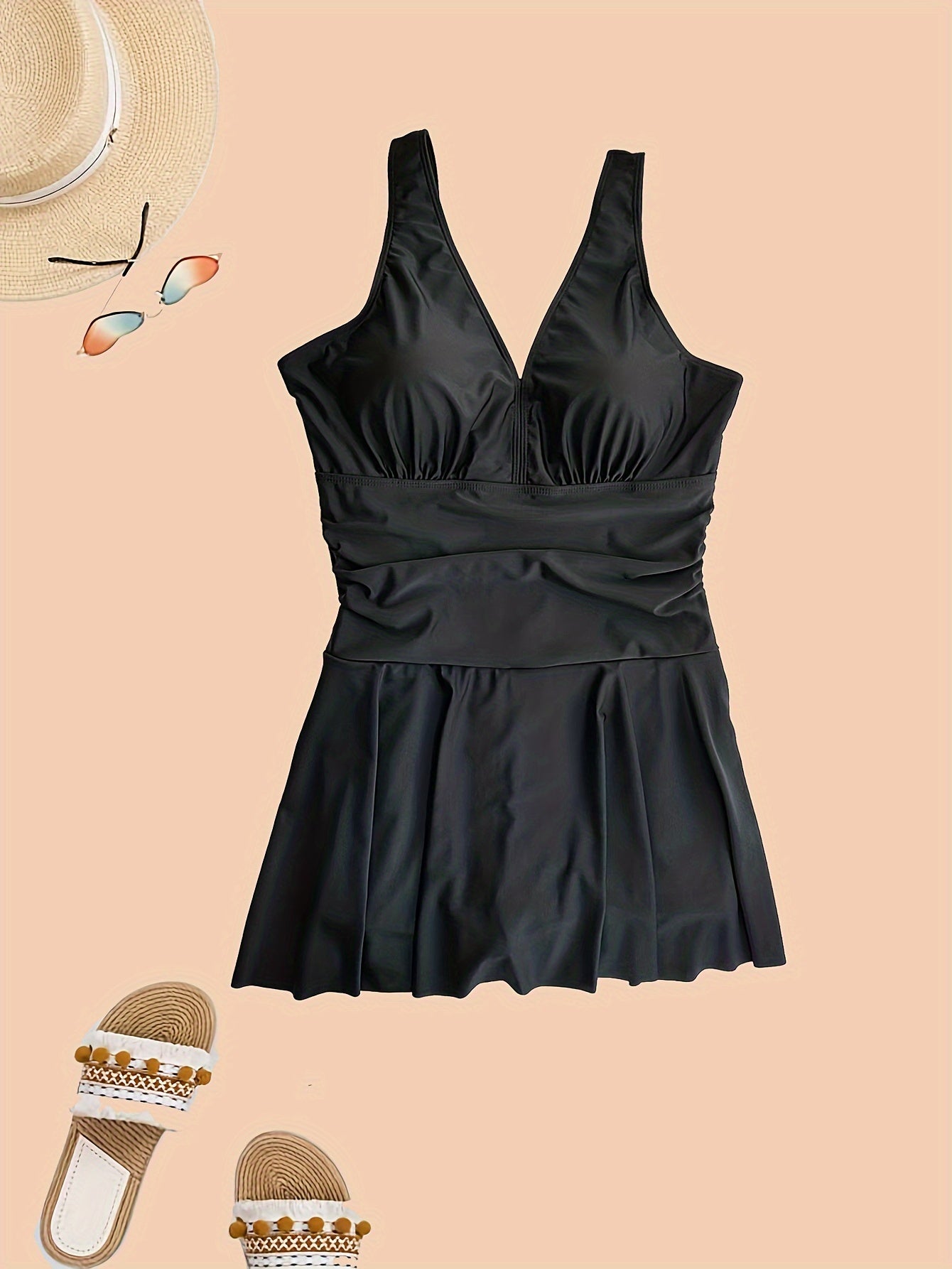  Ruched V Neck Skirted One Piece Swimsuit