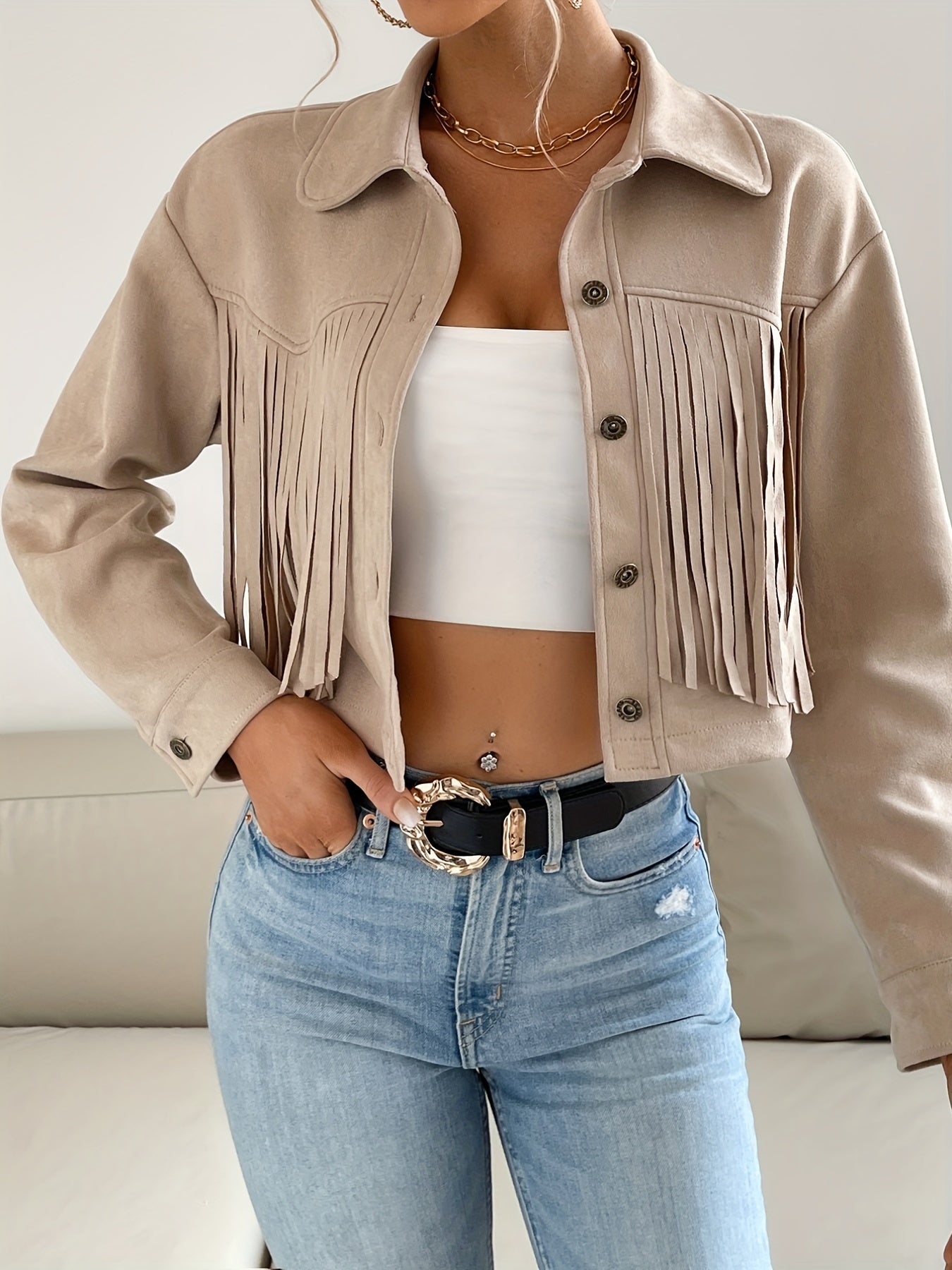 Button Tassel Solid Crop Jacket Women's Clothing