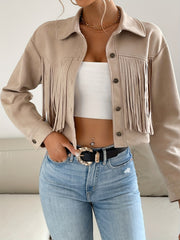 Button Tassel Solid Crop Jacket Women's Clothing