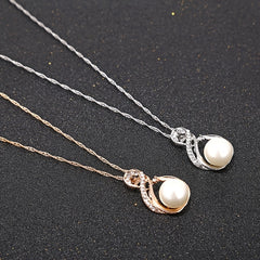 Zirconia Bridal Jewelry Set Necklace & Earrings Faux Pearls Anniversary Gift