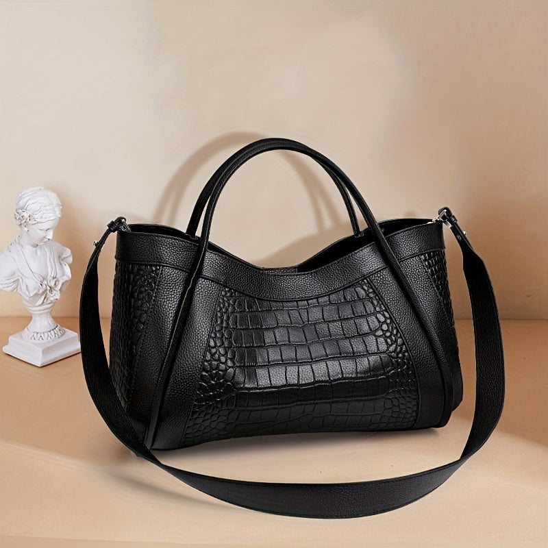 Crocodile Embossed Large Capacity Zipper Tote Bag