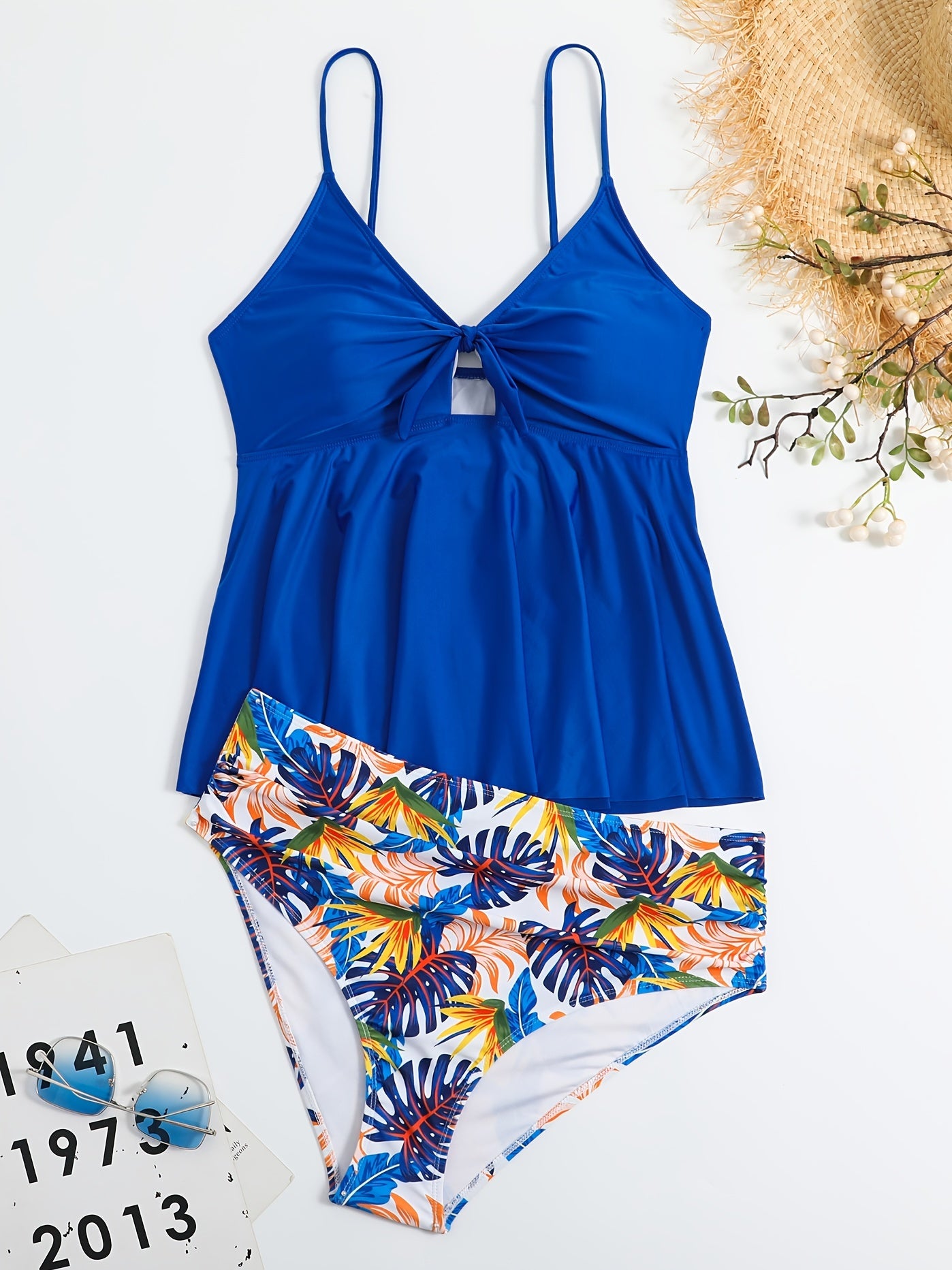  Colorblock Tropical Print Cut Out Bikini Set Women's Plus