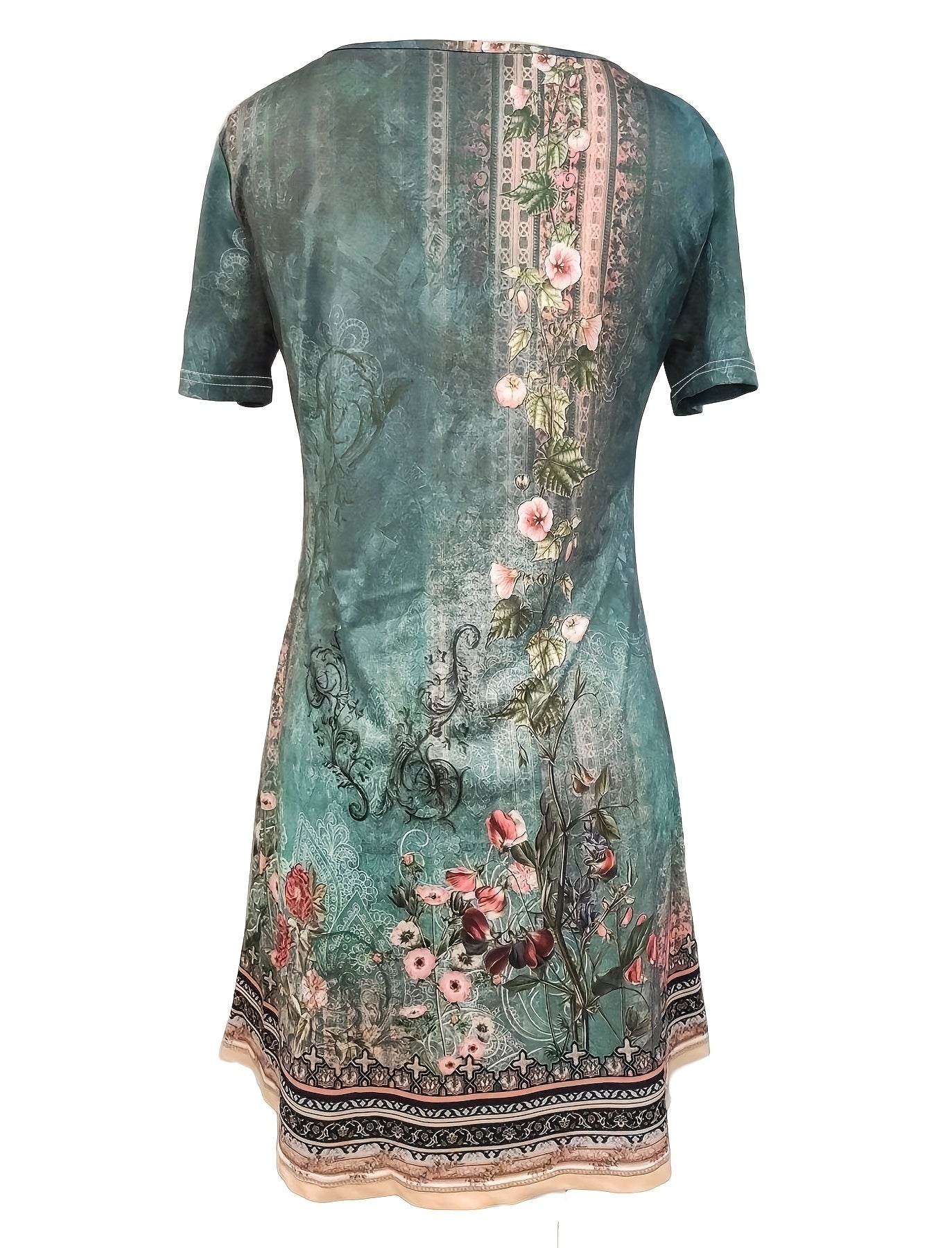 Vintage Floral Print Crew Neck Short Sleeve Summer Dress