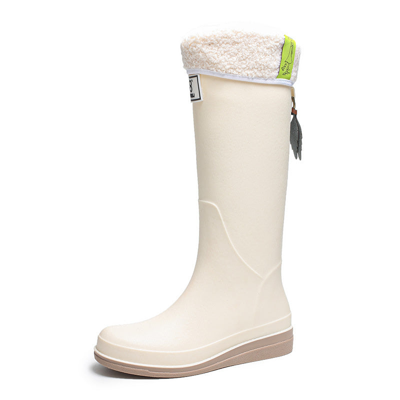Women's Fleece Liner Slip-on Rain Boots Waterproof High Boots