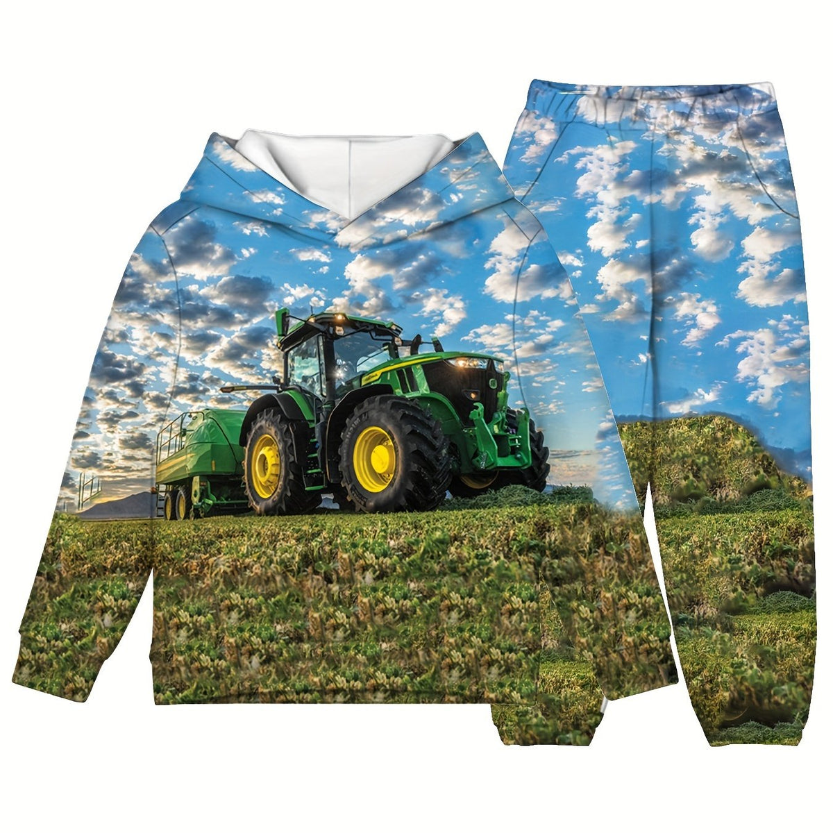 Boy's 3D Green Tractor Hoodie & Pants Set For Fall Winter