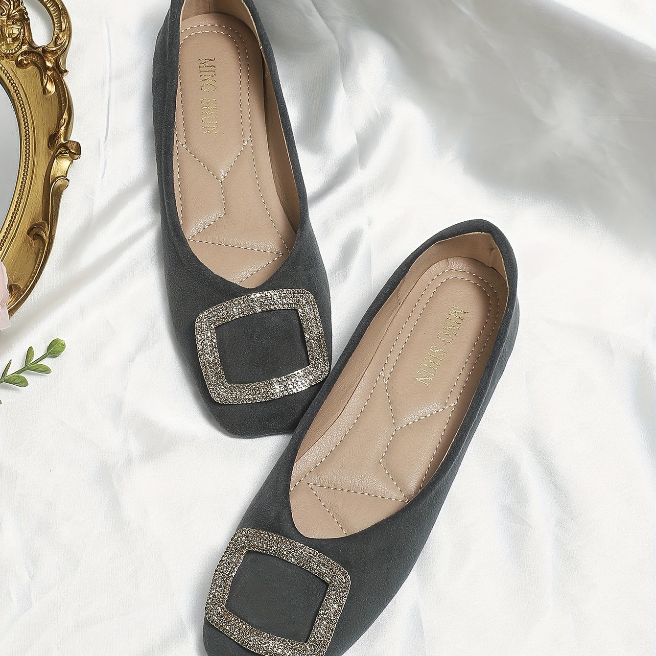 Women's Square Toe Ballet Flats with Rhinestone Buckle