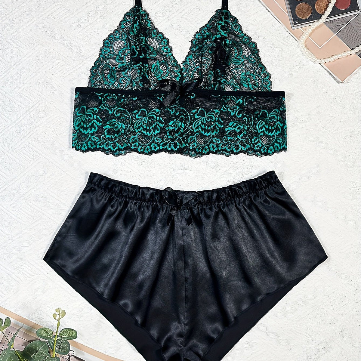 Floral Lace Lingerie Set V Neck Cami Top & Satin Shorts