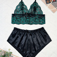Floral Lace Lingerie Set V Neck Cami Top & Satin Shorts