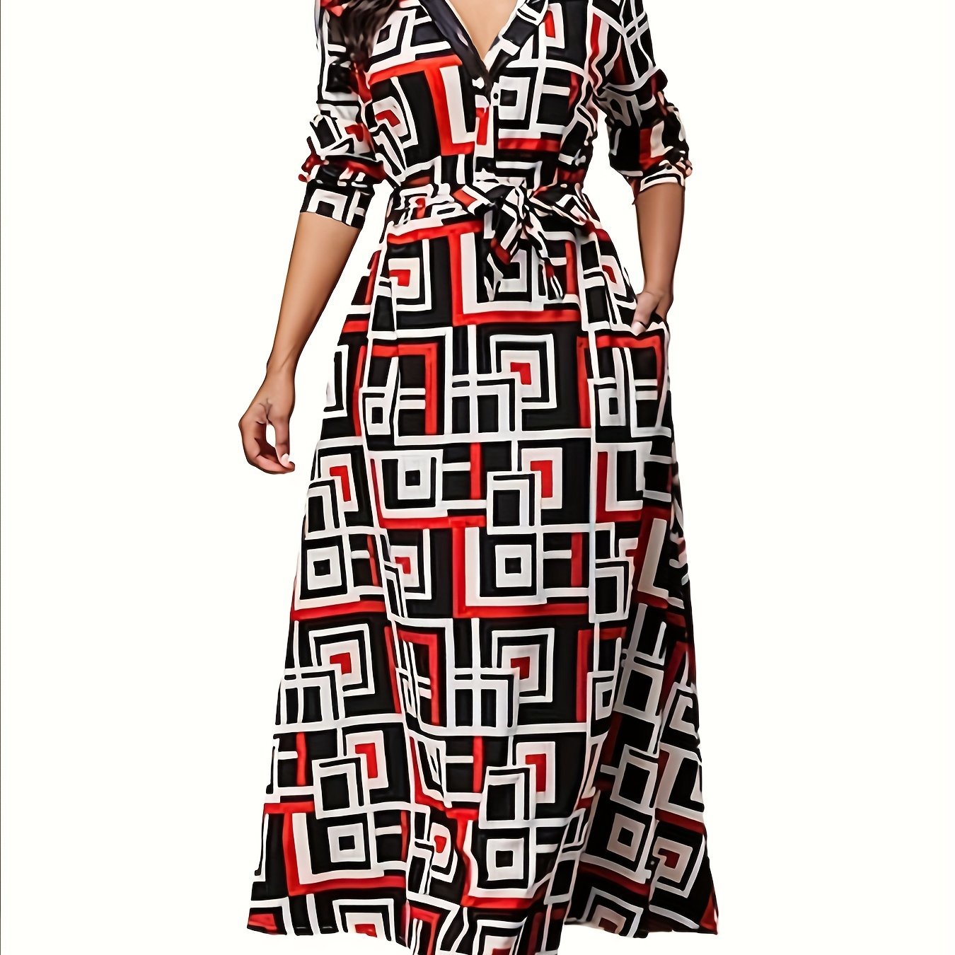 Geometric Print Long Sleeve Belted Dress