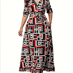 Geometric Print Long Sleeve Belted Dress